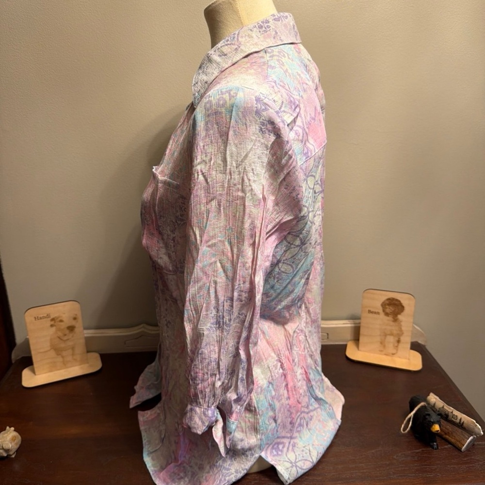 Ruby Rd. Pastel Pink & Aqua Patterned Button-Front Shirt - Picture 3 of 9